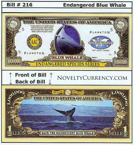 Blue Whale Endangered Species Novelty Currency Bill