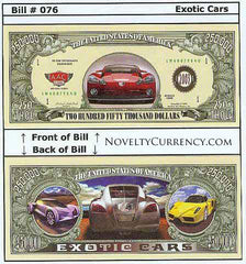 Exotic Cars Novelty Currency Bill