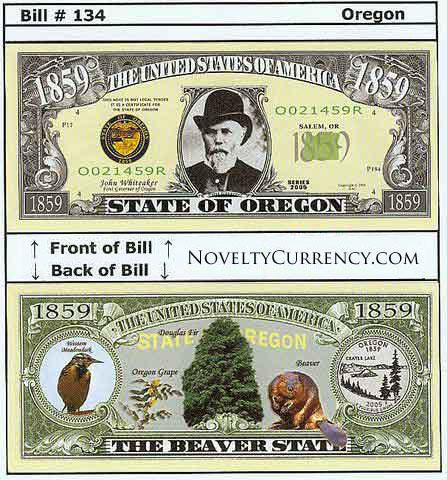 Oregon - The Beaver State - Commemorative Novelty Currency Bill