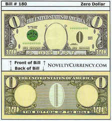 Zero Dollar Novelty Currency Bill