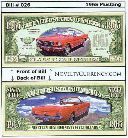 1965 Ford Mustang Classic Car Novelty Currency Bill