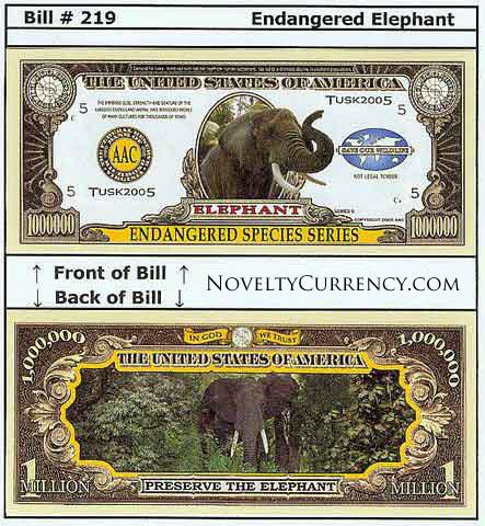 Elephant Endangered Species Novelty Currency Bill