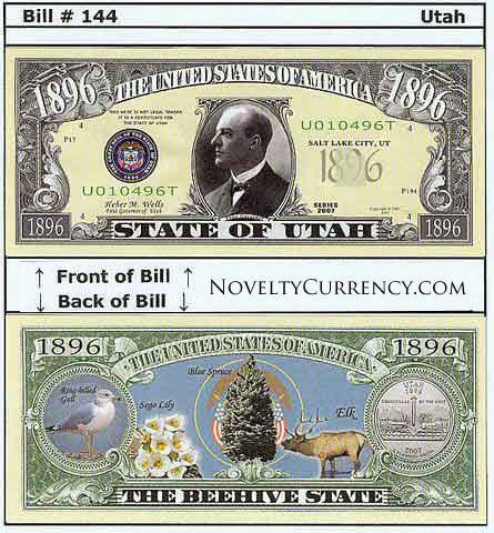 Utah - The Beehive State - Commemorative Novelty Currency Bill