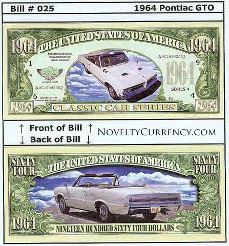 1964 Pontiac GTO Classic Car Novelty Currency Bill