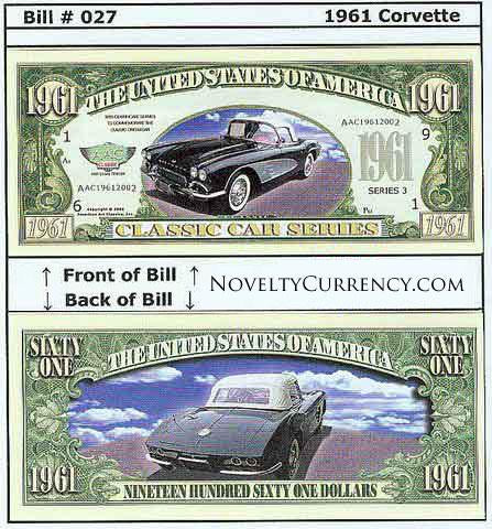 1961 Corvette Stingray Convertible Car Novelty Currency Bill
