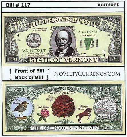 Vermont - The Green Mountain State - Commemorative Novelty Bill